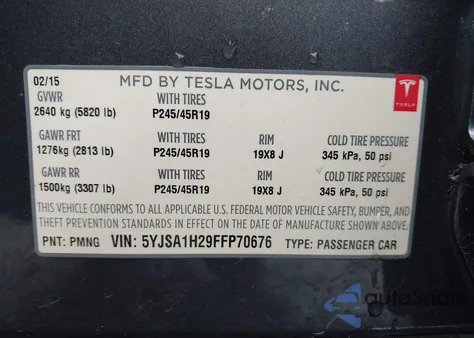2015 Tesla Model S 70D/85D/P85D z USA, uszkodzony, nr VIN 5YJSA1H29FFP70676